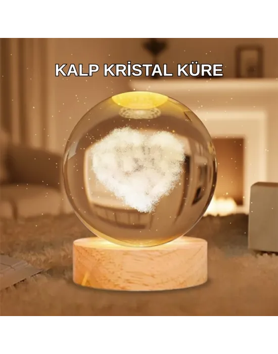 Ahşap Standlı Kalp Motifli Işıklı Cam Küre Hediye Seçeneği