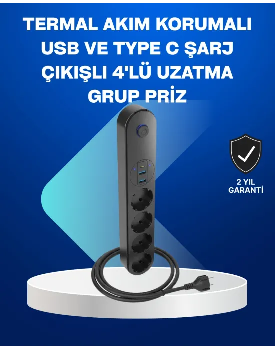 Akıllı Akım Dengelemeli 4’lü Çoklu Priz Type-c Ve Usb Çıkışlı