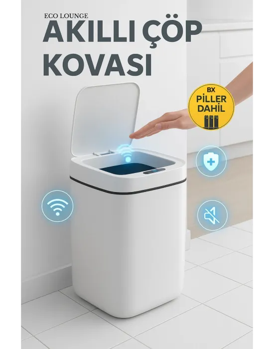 Akıllı Çöp Kovası, Büyük Boy 20 Litre, Uv Işık Ve Sensörlü, Haraket Algılayan, Sessiz Kapak