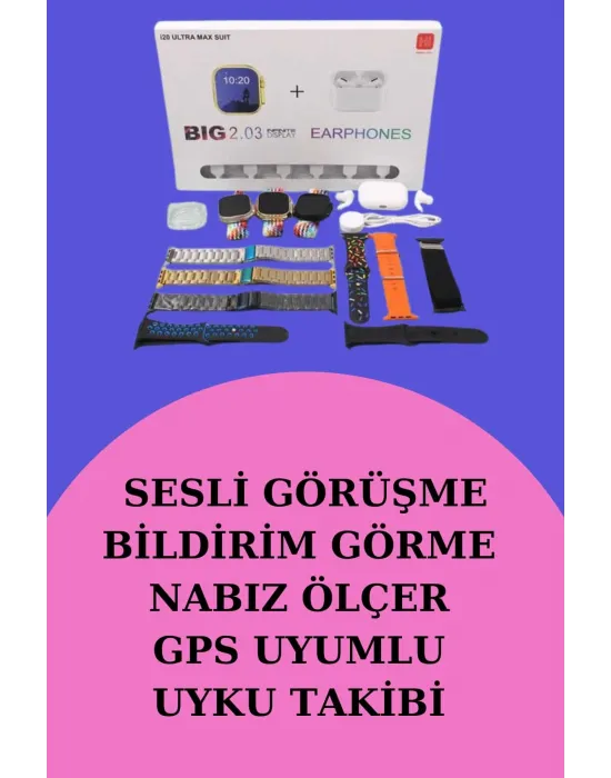 Akıllı Saat Bluetooth Kulaklık Hediyeli Bildirim Görme Sesli Görüşme Çoklu Kordon