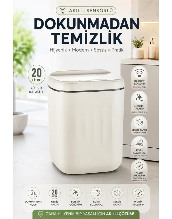 Akıllı Sensörlü 20 Litre Çöp Kovası Sessiz Kapaklı Modern Hijyenik Ev Tipi Çöp Kutusu