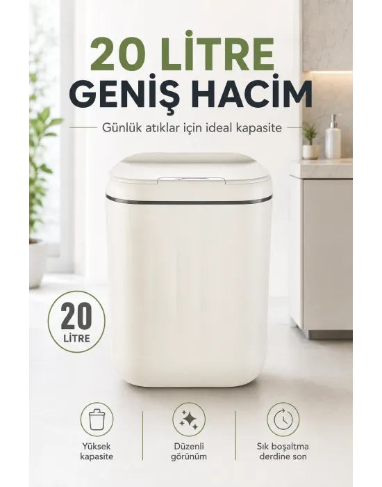 Akıllı Sensörlü 20 Litre Çöp Kovası Sessiz Kapaklı Modern Hijyenik Ev Tipi Çöp Kutusu