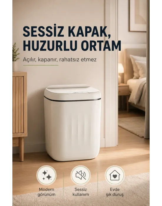 Akıllı Sensörlü 20 Litre Çöp Kovası Sessiz Kapaklı Modern Hijyenik Ev Tipi Çöp Kutusu