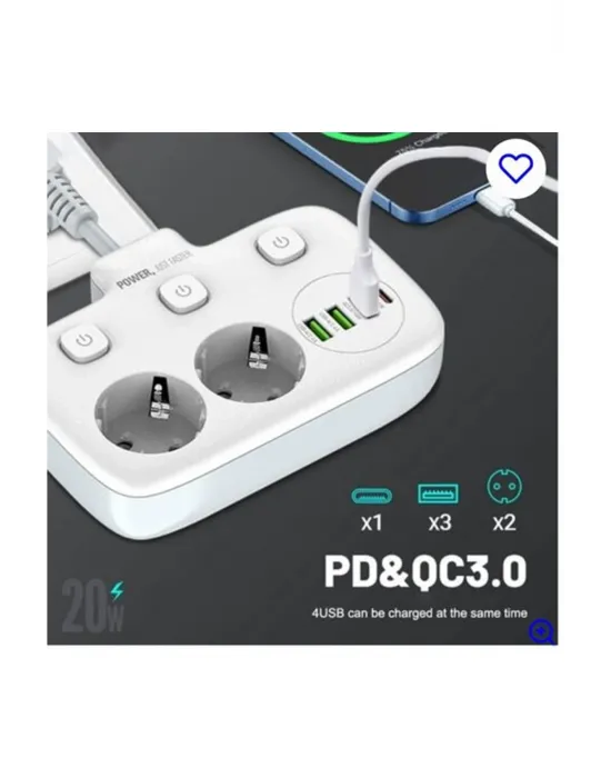 Akım Korumalı 2’li Ayrı Anahtarlı Priz, 2x Priz, 3x Usb, 1x Type-c, 2 Mt Kablo, Hızlı Şarj