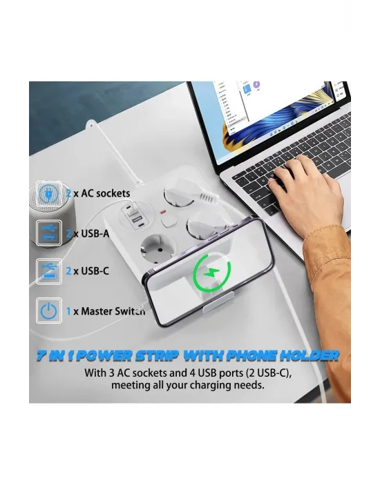 Akım Korumalı Anahtarlı Priz - 3x Priz - 2x Usb - 2x Type-c - 2 Mt Kablo Hızlı Şarj Özellikli Siyah