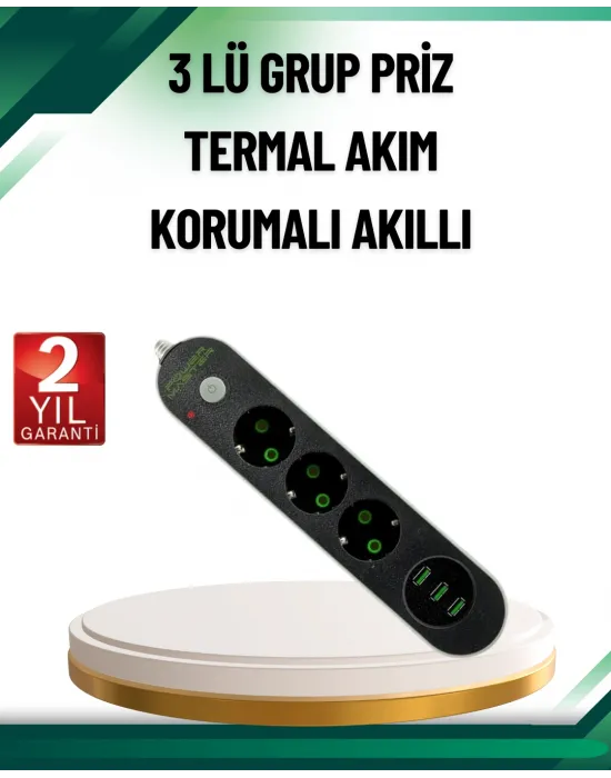 Akım Korumalı Anahtarlı Usb Girişli Üçlü Priz