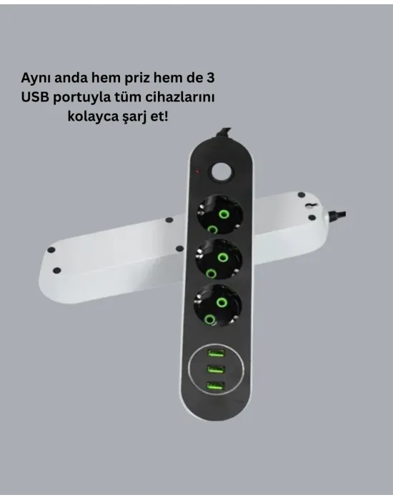 Akım Korumalı Anahtarlı Usb Girişli Üçlü Priz