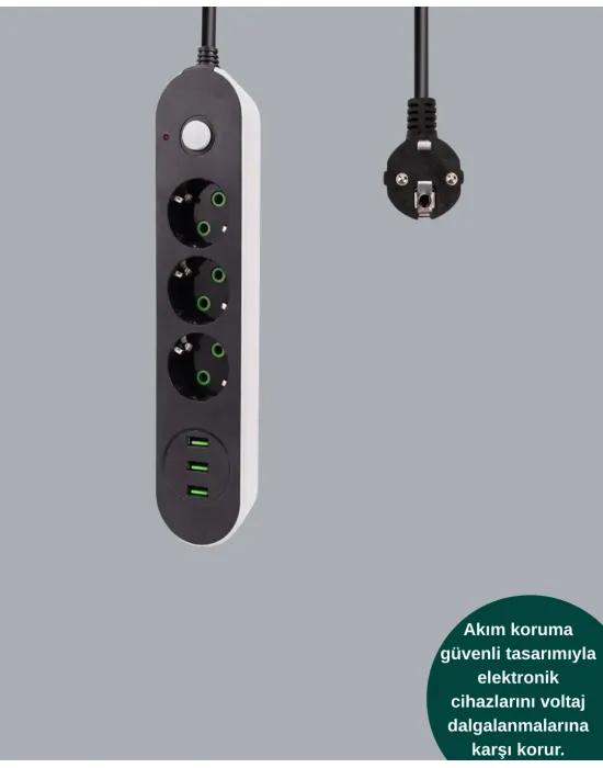 Akım Korumalı Anahtarlı Usb Girişli Üçlü Priz
