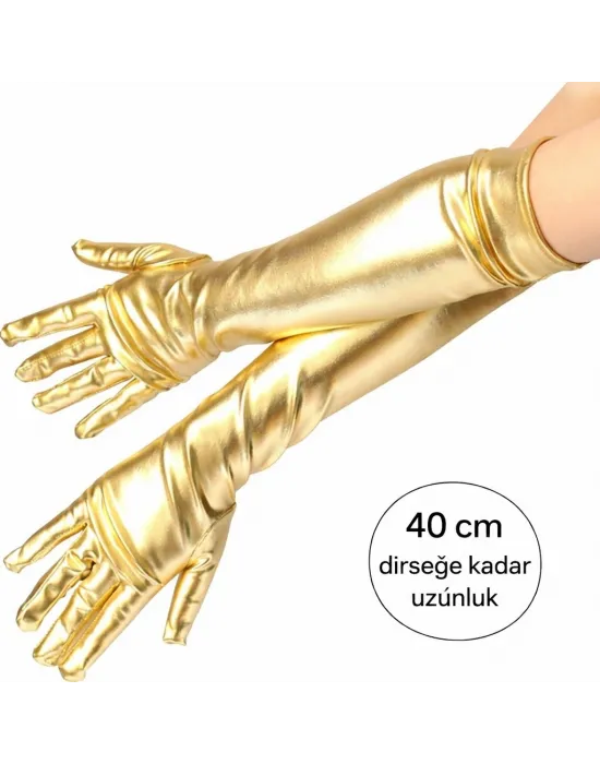 Altın Renk Dirsek Altı Lüks Saten Eldiven 40 Cm
