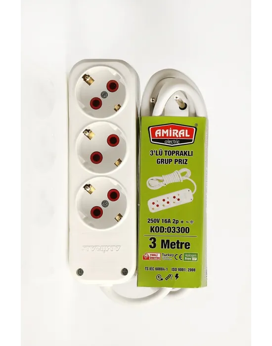 Amiral 3 Lü Topraklı 3 Metre Kablolu Grup Priz