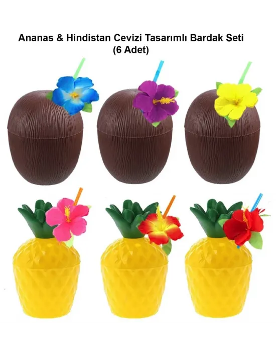 Ananas  Hindistan Cevizi Tasarımlı Pipetli Bardak Seti (6 Adet)