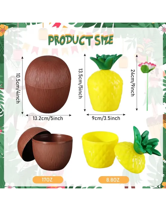 Ananas  Hindistan Cevizi Tasarımlı Pipetli Bardak Seti (6 Adet)