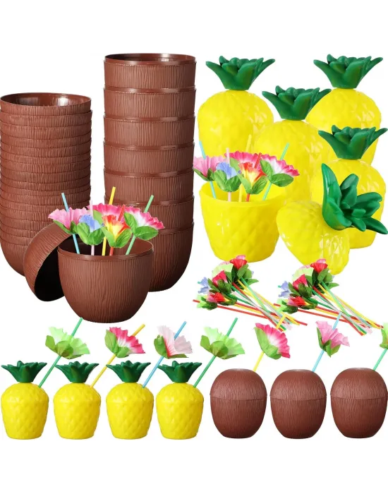Ananas  Hindistan Cevizi Tasarımlı Pipetli Bardak Seti (6 Adet)