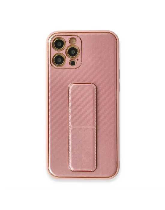 Apple İphone 12 Pro Kılıf Coco Karbon Standlı Kapak - Pembe