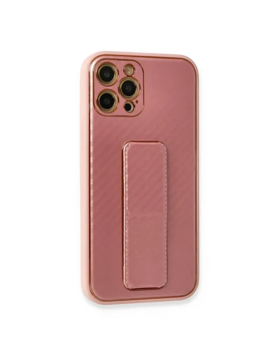 Apple İphone 12 Pro Kılıf Coco Karbon Standlı Kapak - Pembe
