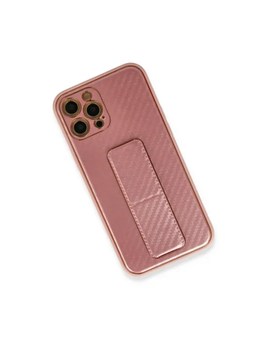 Apple İphone 12 Pro Kılıf Coco Karbon Standlı Kapak - Pembe