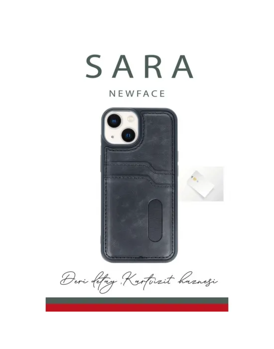Apple İphone 14 Kılıf Sara Kartvizitli Deri Kılıf - Siyah
