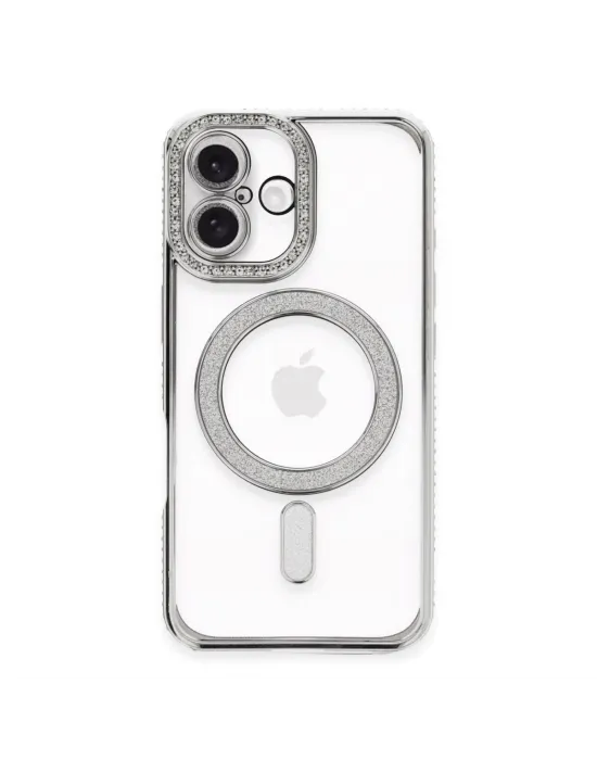 Apple İphone 16 Kılıf Joke Simli Magneticsafe Kılıf - Gümüş