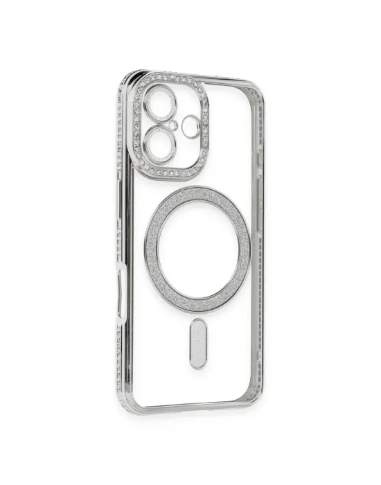 Apple İphone 16 Kılıf Joke Simli Magneticsafe Kılıf - Gümüş