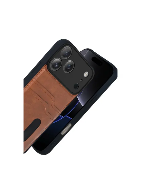 Apple İphone 17 Pro Max Sara Kartvizitli Deri Kılıf - Taba
