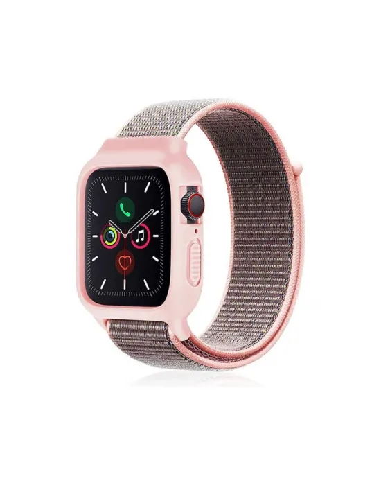 Apple Watch 38mm Hasırlı Cırtcırtlı Kasalı Kordon (saat Değildir) - Pembe