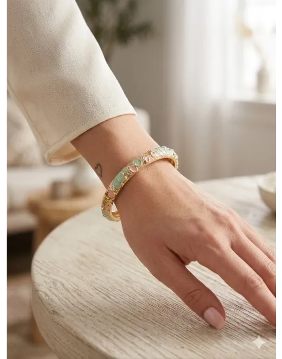 AQua Petal Pembe  & Su Yeşili Mine İşlemeli Kelepçe Bileklik - Kbl0451