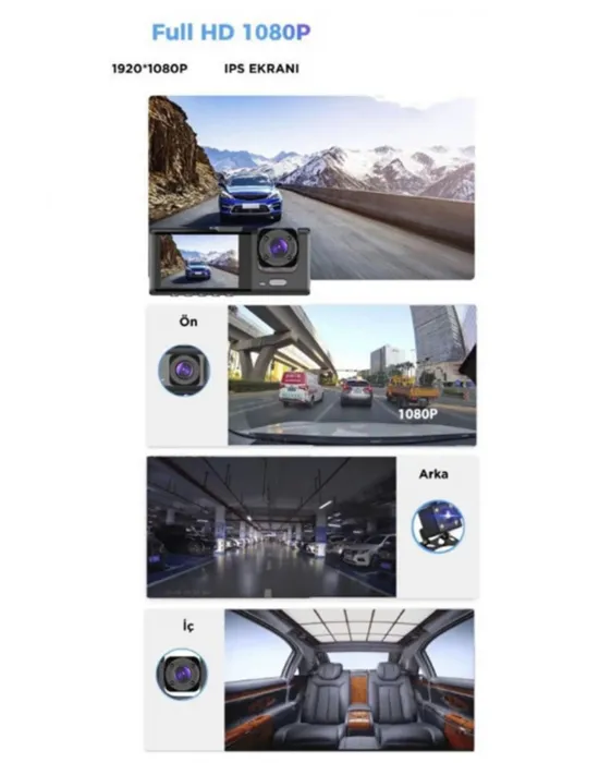 Araç İçi 1080p 3 Kameralı Lcd Ekranlı Gece Görüşlü , G-sensör , Geri Görüş Kamera
