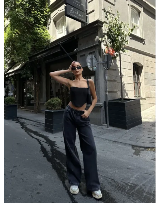 Arkadan Yırtmaçlı Jeans Kot Palazzo Pantolon - Siyah