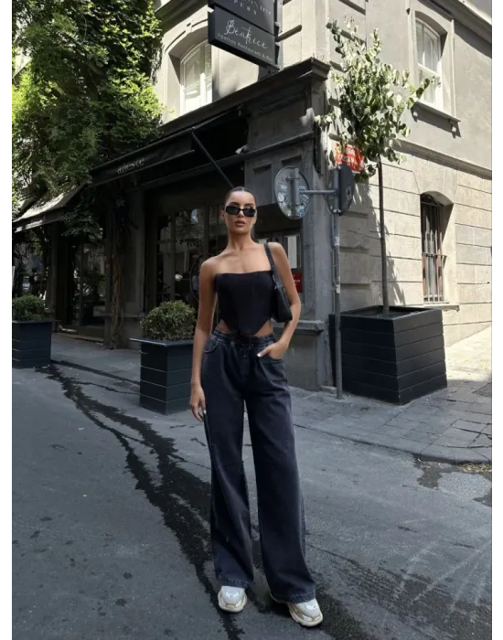 Arkadan Yırtmaçlı Jeans Kot Palazzo Pantolon - Siyah