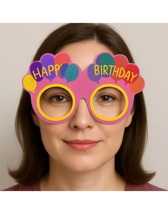 Balon Desenli Karton Doğum Günü Gözlükleri 6 Adet Pembe Renk