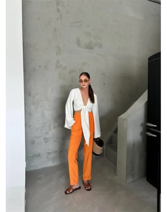 BEL LASTİK DETAYLI MODAL KUMAŞ PANTOLON - Orange