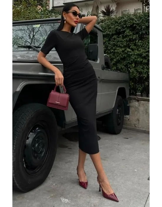 Beli Büzgülü Midi Elbise 2853