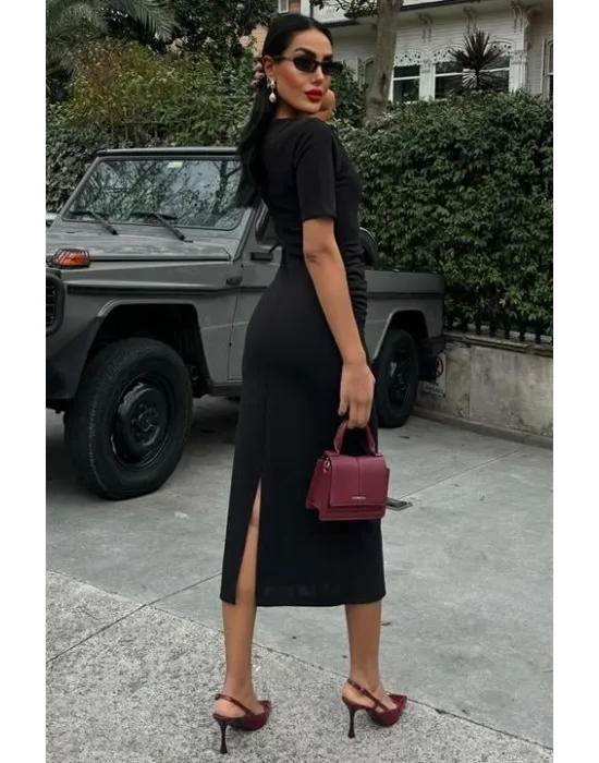 Beli Büzgülü Midi Elbise 2853