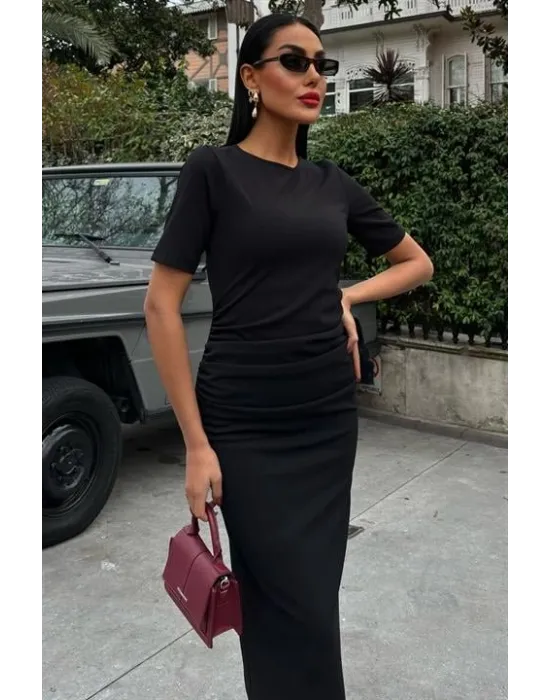Beli Büzgülü Midi Elbise 2853