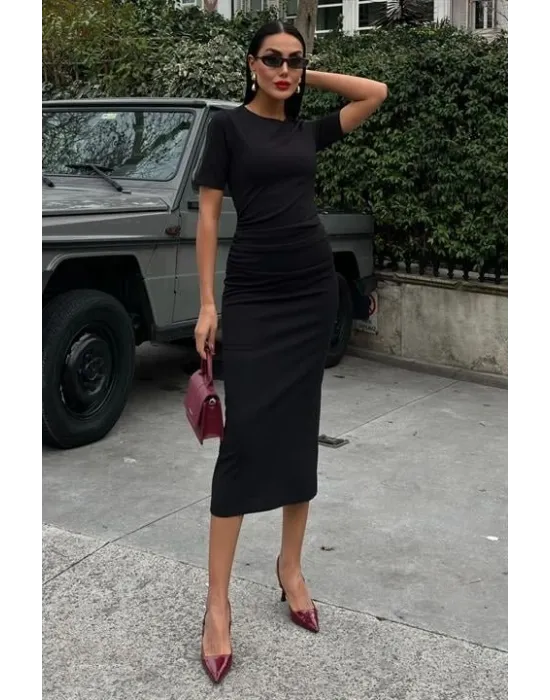 Beli Büzgülü Midi Elbise 2853