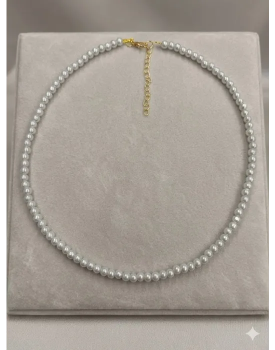 Beyaz Cam İnci  Kolyeler 40+5 Cm  - Kl0302