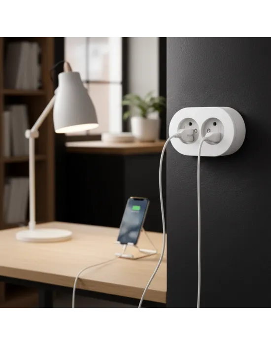 Beyaz Çift Girişli Topraklı Sıva Üstü Elektrik Prizi, Modern Tasarım