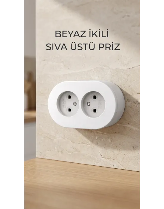 Beyaz İkili Sıva Üstü Dekoratif Topraklı Elektrik Prizi