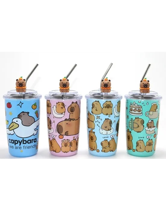 Capybara Figürlü Isı Muhafazalı Metal Pipetli Paslanmaz Çelik Kupa Alk4429