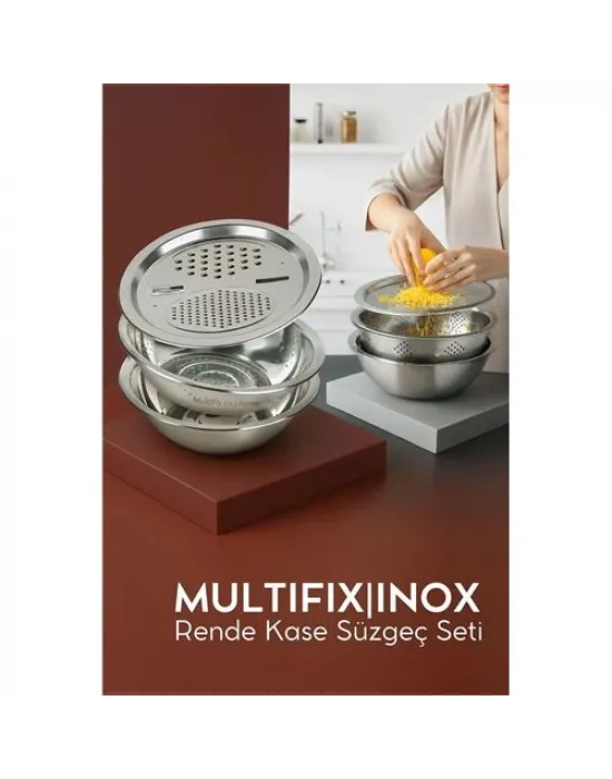 Çelik Rende Kase Süzgeç Seti - MultiFix 3 in 1 Paslanmaz Çelik 722050