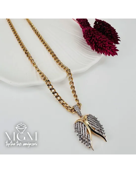 Çelik Zirkon Taşlı Kalp Kanat Kolye - Kl0210