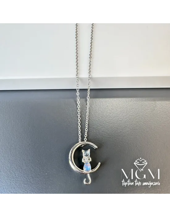 Çelik Zirkon Taşlı Kedili Kolye - Kl0161