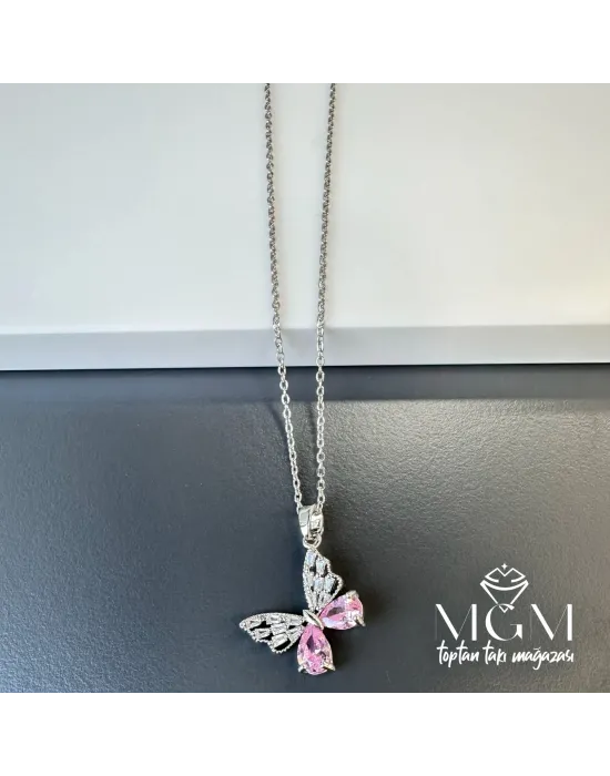 Çelik Zirkon Taşlı Kelebek Kolye - Kl0142