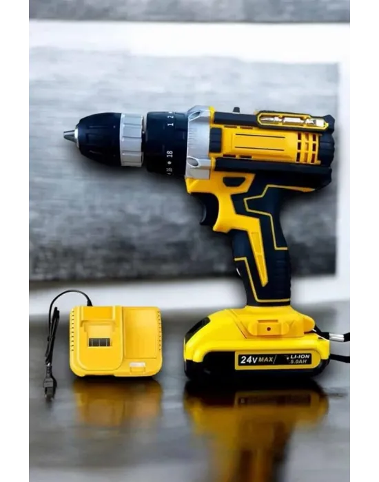 Çift Bataryalı Metal Dişli Darbeli Şarjlı Matkap Seti 24w Güç Ve 24 Parça Aksesuar