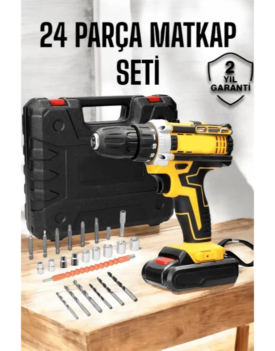 Çift Bataryalı Metal Dişli Darbeli Şarjlı Matkap Seti 24w Güç Ve 24 Parça Aksesuar