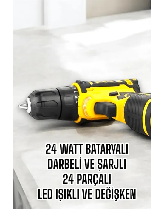Çift Bataryalı Metal Dişli Darbeli Şarjlı Matkap Seti 24w Güç Ve 24 Parça Aksesuar