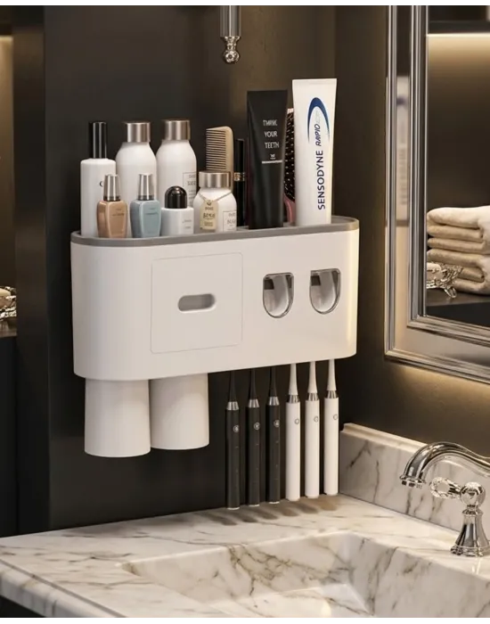 Çift Dispenserli Diş Macunu Sıkacağı 6 Fırçalık Bardaklı Banyo Organizer