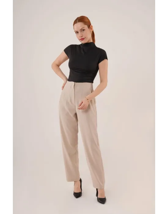 Çift Pens Detaylı Krem Pantolon