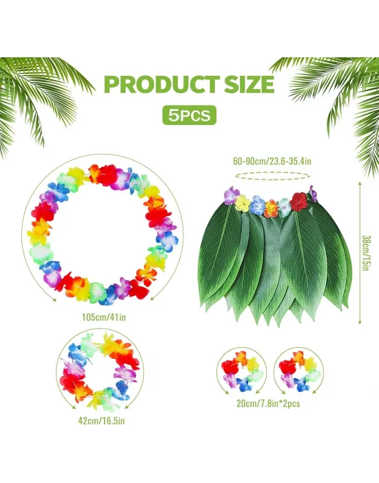 Çocuk Hawaii Kostüm Seti - Yaprak Etek  Hawaii Set - 5 Parça