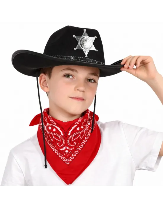 Çocuk Kovboy Şapka Rozetli Siyah  Kırmızı Bandana Seti
